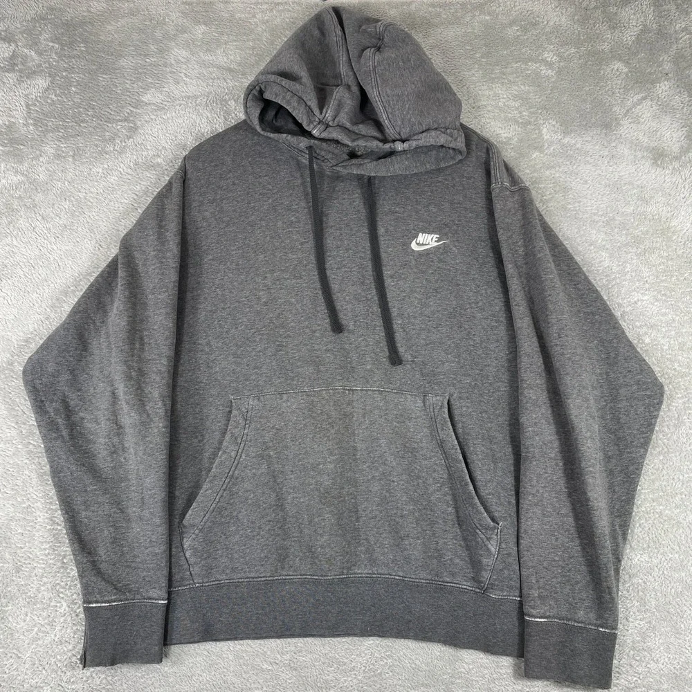 Nike‎ Fleece Hoodie Mens XL Charcoal Gray Distressed Pullover Logo